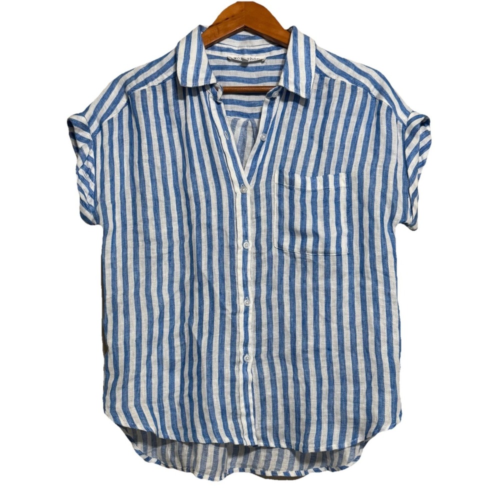 Workshop Republic‎ Women's 100% Linen Top Short Sleeve Button Up Coastal Beach